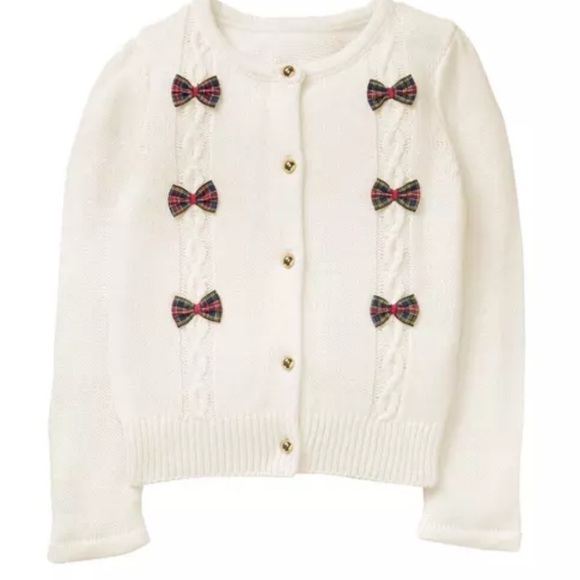 Janie & Jack girls ivory tartan Plaid Bows Knit Cardigan Sweater, 6T - Picture 5 of 5